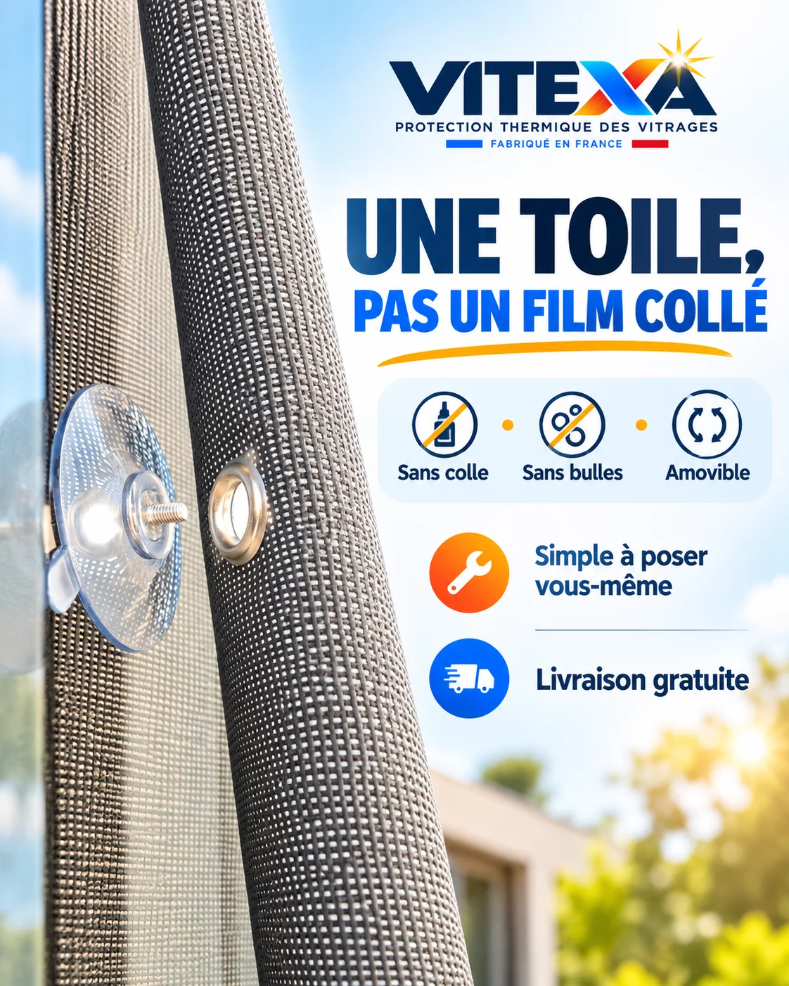 Toile solaire VITEXA avec fixation par ventouse, sans colle et amovible